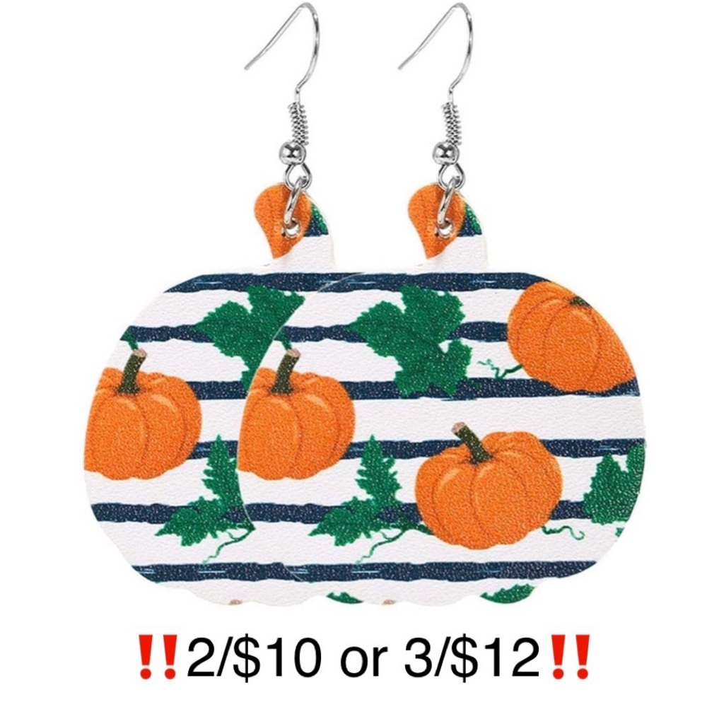 Fall Orange Black White Striped Faux Leather Dangling Halloween Pumpkin Earrings